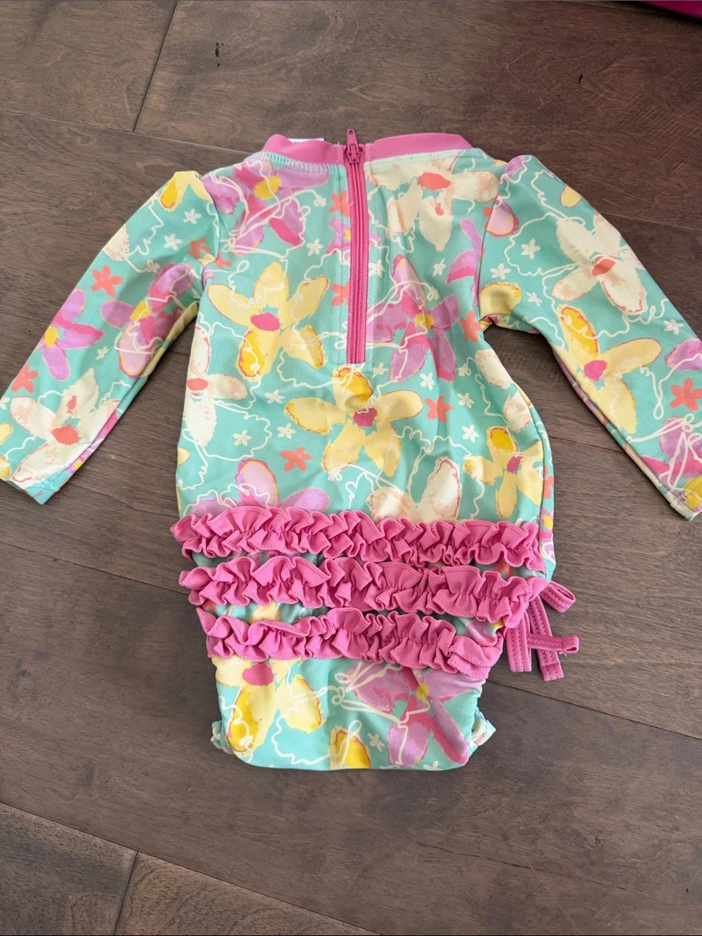 Ruffle Butts Floral Long-Sleeve One-Piece Swimsuit - Mint, Pink & Yellow